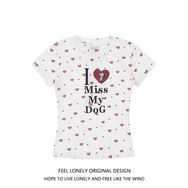 辣妹满印爱心圆领短袖T恤女夏季