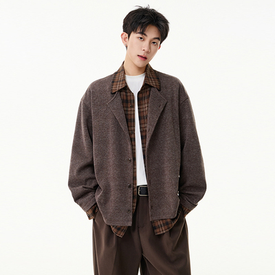 秋季假两件拼接翻领衬衫外套