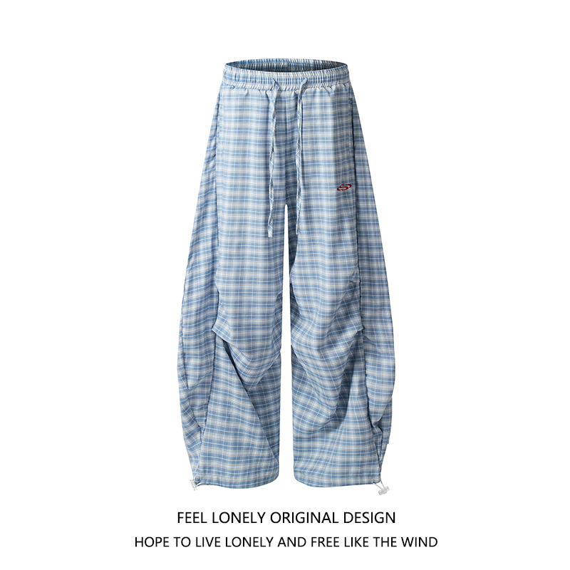 美式复古格子休闲裤百搭拖地长裤