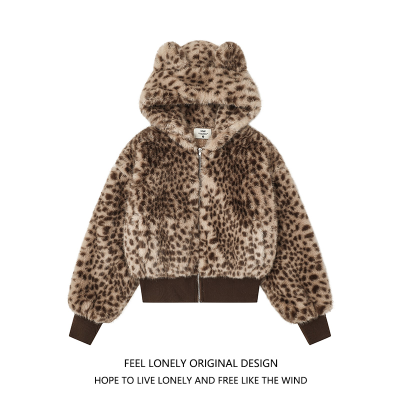 复古辣妹猫耳豹纹毛毛加厚外套