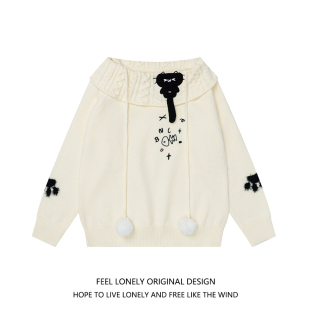 Feel 宅萌可爱小猫一字肩毛衣女秋冬宽松显瘦露肩针织上衣 lonely