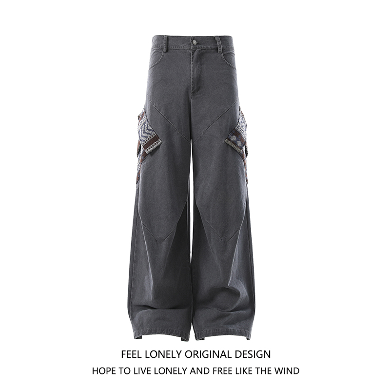 Feel lonely 复古水洗做旧解构牛仔裤民族风口袋宽松直筒百搭长裤