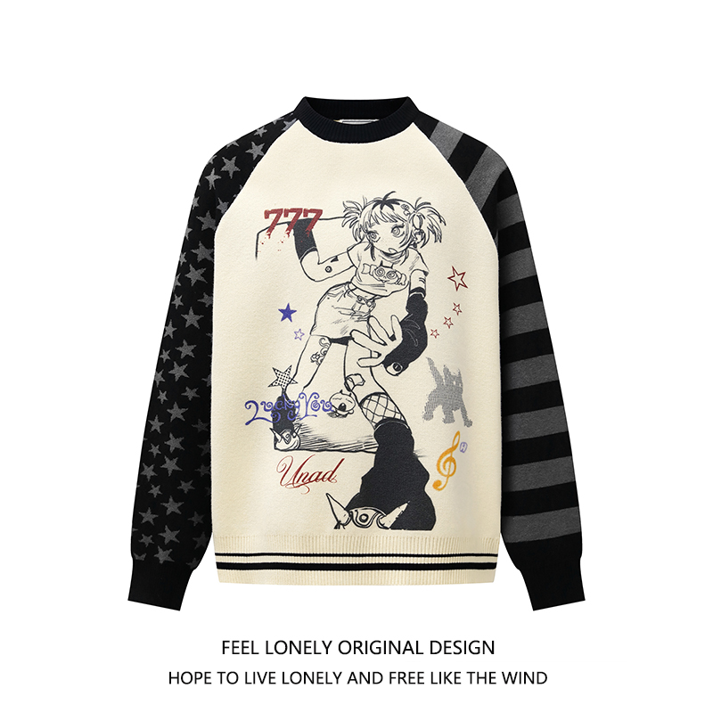 轻亚风卡通动漫印花撞色插肩毛衣