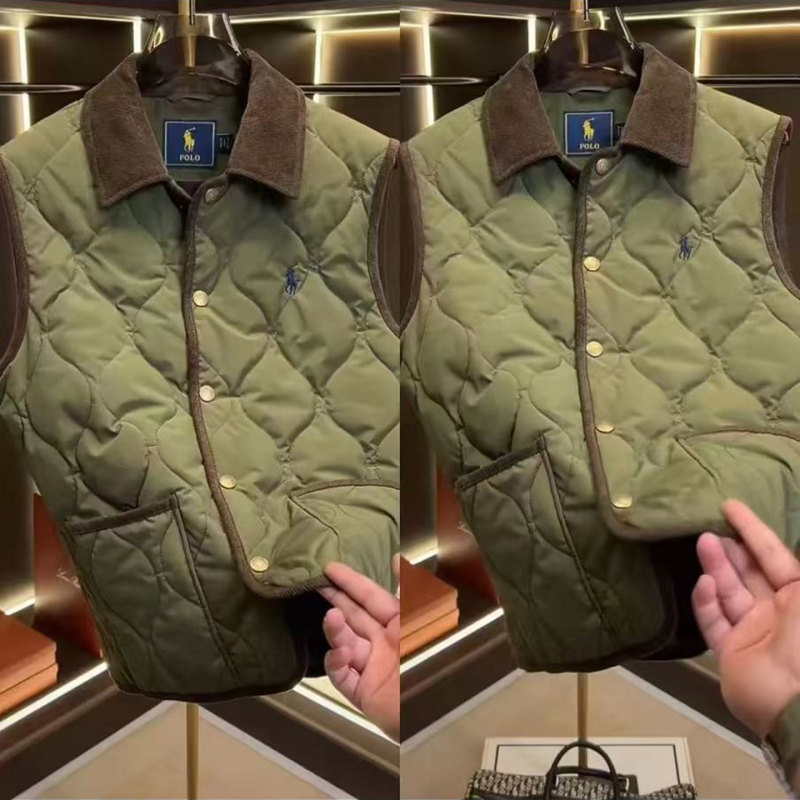 冬季新款男士欧货轻奢翻领菱形格保暖棉服马甲时尚潮流百搭棉上衣