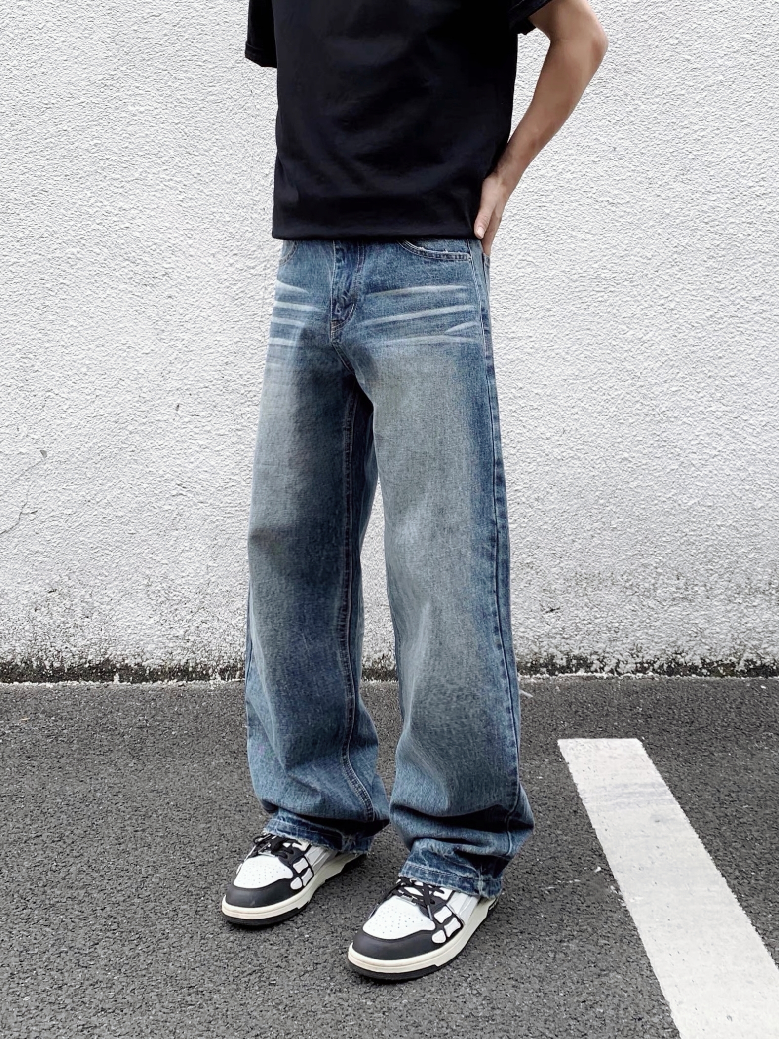 thumbnail for GROZNY Heavy Bull King 07 Washed Blue Cow Cat Whisker Honeycomb Retro Straight Loose Casual Jeans Men's Autumn and Winter