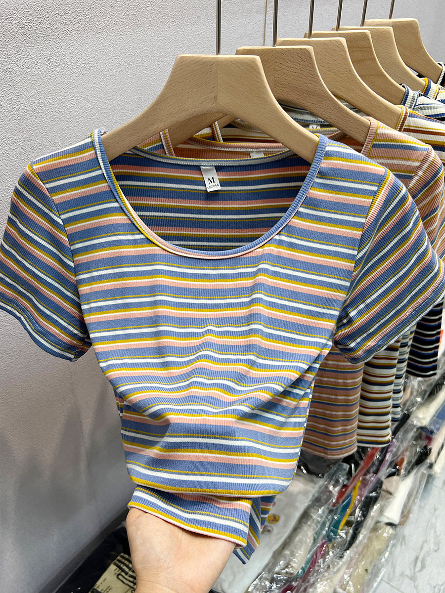 条纹短袖t恤女2023夏季新款洋气复古短款圆领紧身显瘦半袖上衣潮