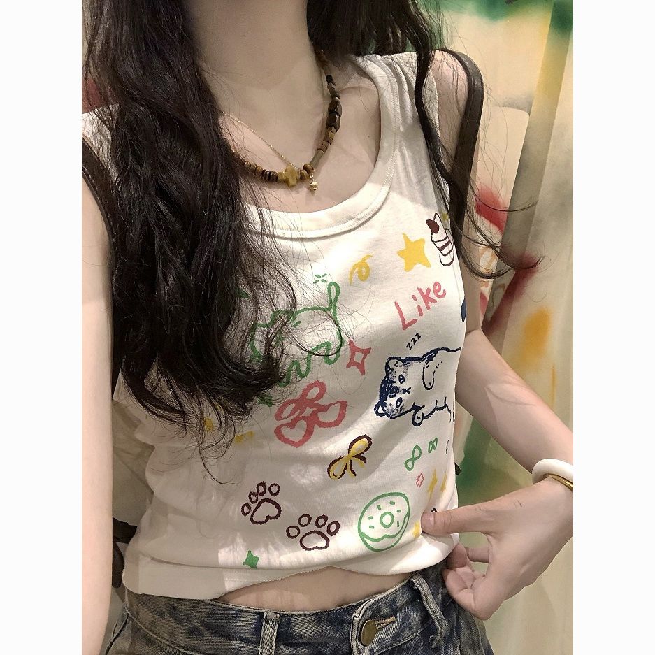 甜辣妹涂鸦卡通印花背心