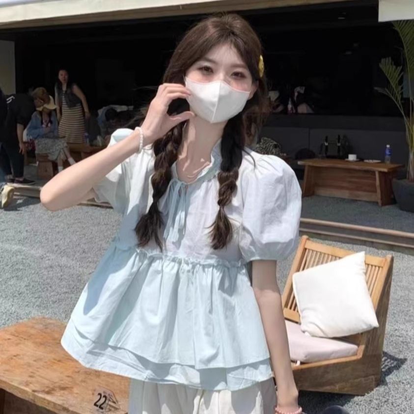 法式短袖衬衫蝴蝶结夏季