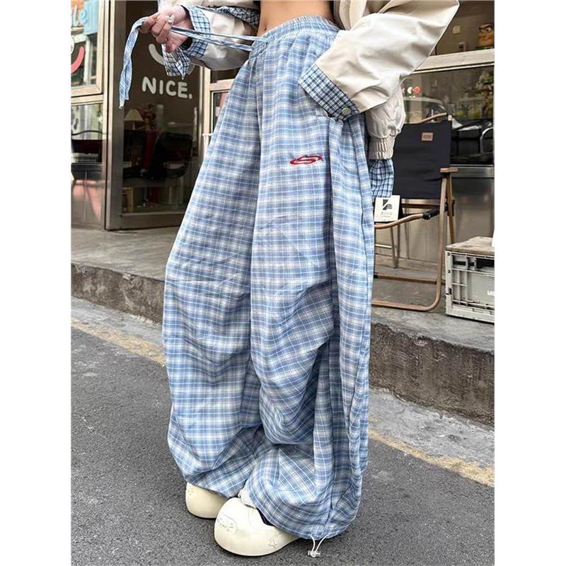 美式休闲慵懒格子裤子女