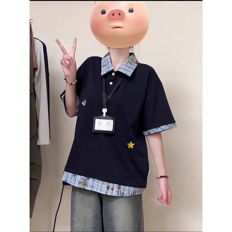 日系Polo领拼接短袖T恤女