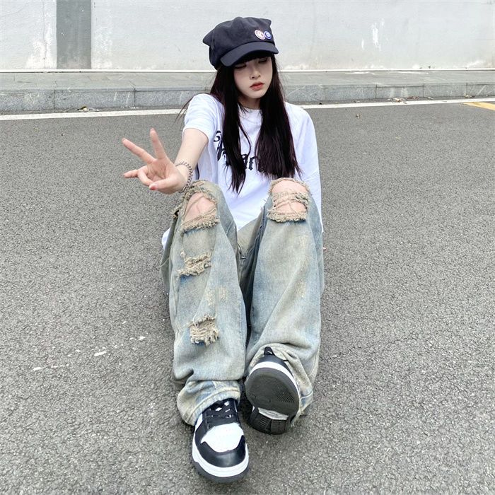 ins嘻哈做旧直筒水洗欧美