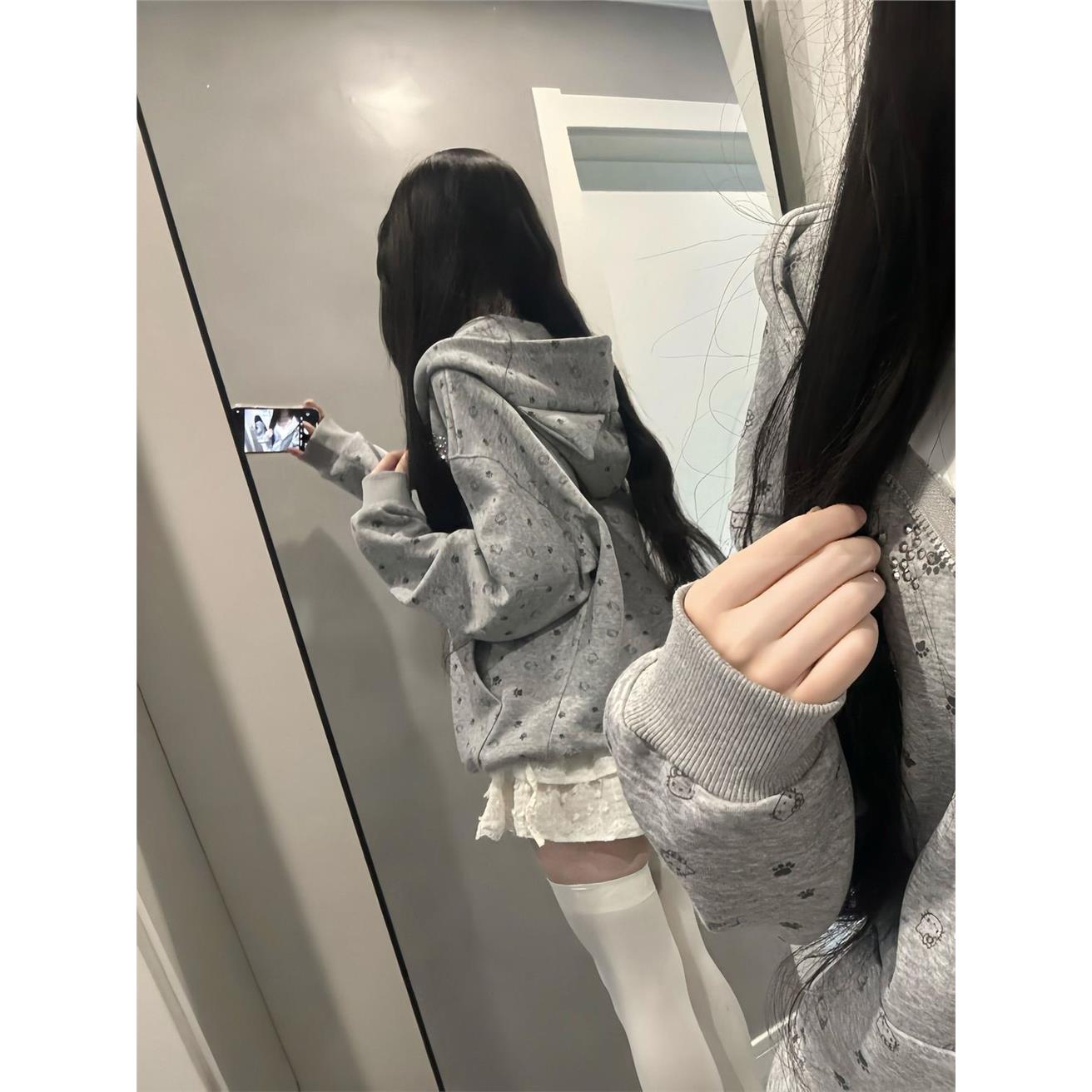韩系小猫咪满印花连帽灰