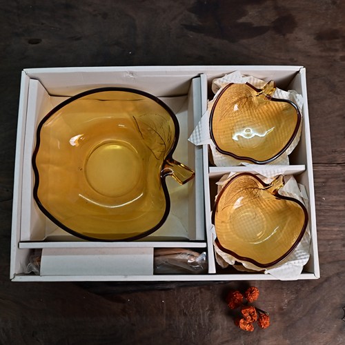 日本回流苹果型玻璃盆果盘沙拉钵带木质勺叉1大5小