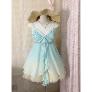 薄荷漫波 夏季新款日系古早风穿搭无袖上衣短裙温柔甜美水系套装