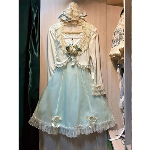 日系甜美套装裙女秋季新款设计感蕾丝拼接蝴蝶结连衣裙开衫两件套