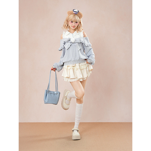 兔绒绒 设计奈奈风水色甜美可爱风秋冬款露肩毛衣芭蕾风半裙套装