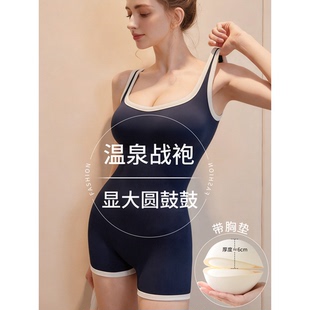 连身温泉泳衣女款带胸垫显胸大热辣欧美新款泡汤竞速吊带纯欲沙滩