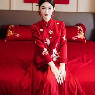 酒红色新娘结婚敬酒服2025新款中式订婚旗袍晚礼服冬季回门服套