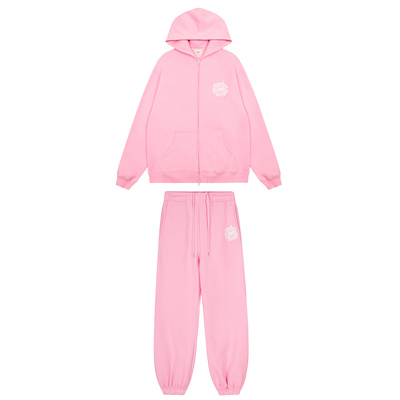 BROKENPLANET简约风连帽加绒卫衣束脚裤套装男女粉色拉链上衣休闲