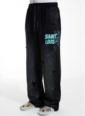 SSSAINT LOUIS SWEAT PANTS泼墨涂鸦脏洗潮流做旧破坏直筒长裤男