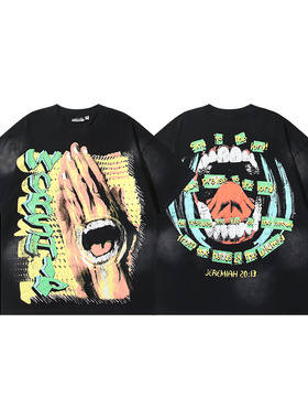 夏季潮牌上衣地狱之星个性印花短袖T恤男女宽松圆领洗水做旧免烫