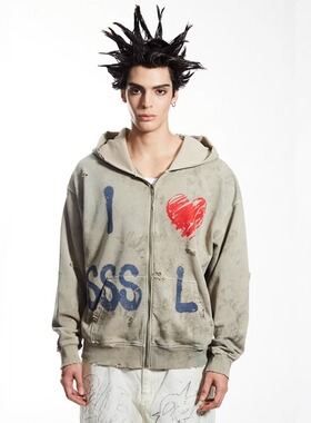 SSSAINT LOUIS美式高街风格潮男女春秋爱心涂鸦开衫卫衣拉链外套