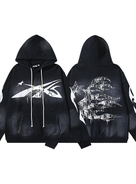 地狱之星洗水做旧毛圈高街复古连帽卫衣印花男女款宽松情侣套头衫