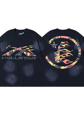 嘻哈风地狱之星迷彩印花短袖T恤男女宽松水洗做旧纯棉圆领夏上衣