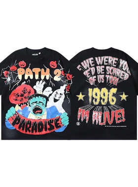 跨境美潮ins同款地狱之星复古印花夏高街潮流休闲嘻哈短袖T恤男女