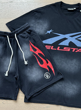 地狱之星美式风火焰印花短袖T恤套装男女夏纯棉洗水做旧运动短裤