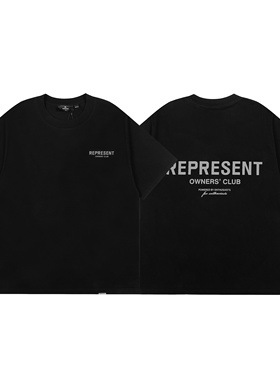 Represent美式潮牌反光字母印花短袖T恤男女宽松纯棉圆领黑色上衣