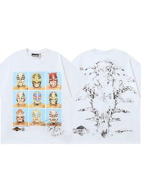 美式嘻哈风九宫格面具人像印花短袖T恤男女宽松情侣oversize上衣