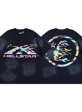 地狱之星洗水做旧复古美潮印花迷彩短袖T恤男女宽松纯棉夏季上衣