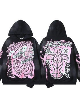 美潮高街风地狱之星印花连帽卫衣男女款宽松水洗做旧潮牌套头上衣