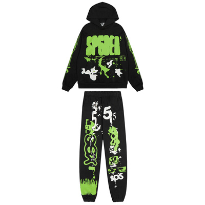 美式嘻哈风Sp5der字母印花连帽卫衣束脚裤男女款宽松长袖毛圈套装