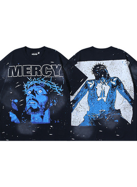 美式高街风MERCY字母印花短袖T恤男女宽松复古做旧洗水黑圆领上衣