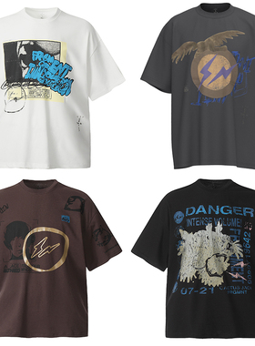 TRAVIS SCOTT KAWS藤原浩联名潮牌闪电字母标语宽松纯棉短袖T恤夏