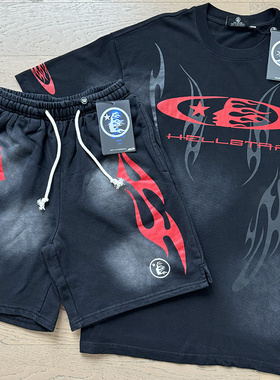 地狱之星复古火焰印花休闲运动套装男女青少年短袖T恤五分裤四季