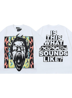 潮酷风格发泡字母印花短袖T恤男女同款宽松纯棉情侣套头圆领上衣