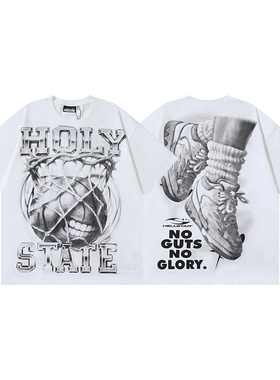 美式街头风字母印花篮球图案短袖T恤男女宽松纯棉情侣装夏季免烫