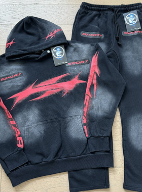 美式高街风印花连帽卫衣套装男青少年水洗做旧宽松运动休闲款女潮