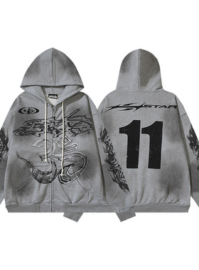 连帽开衫卫衣男女宽松拉链外套情侣装美式高街风水洗做旧印花秋冬