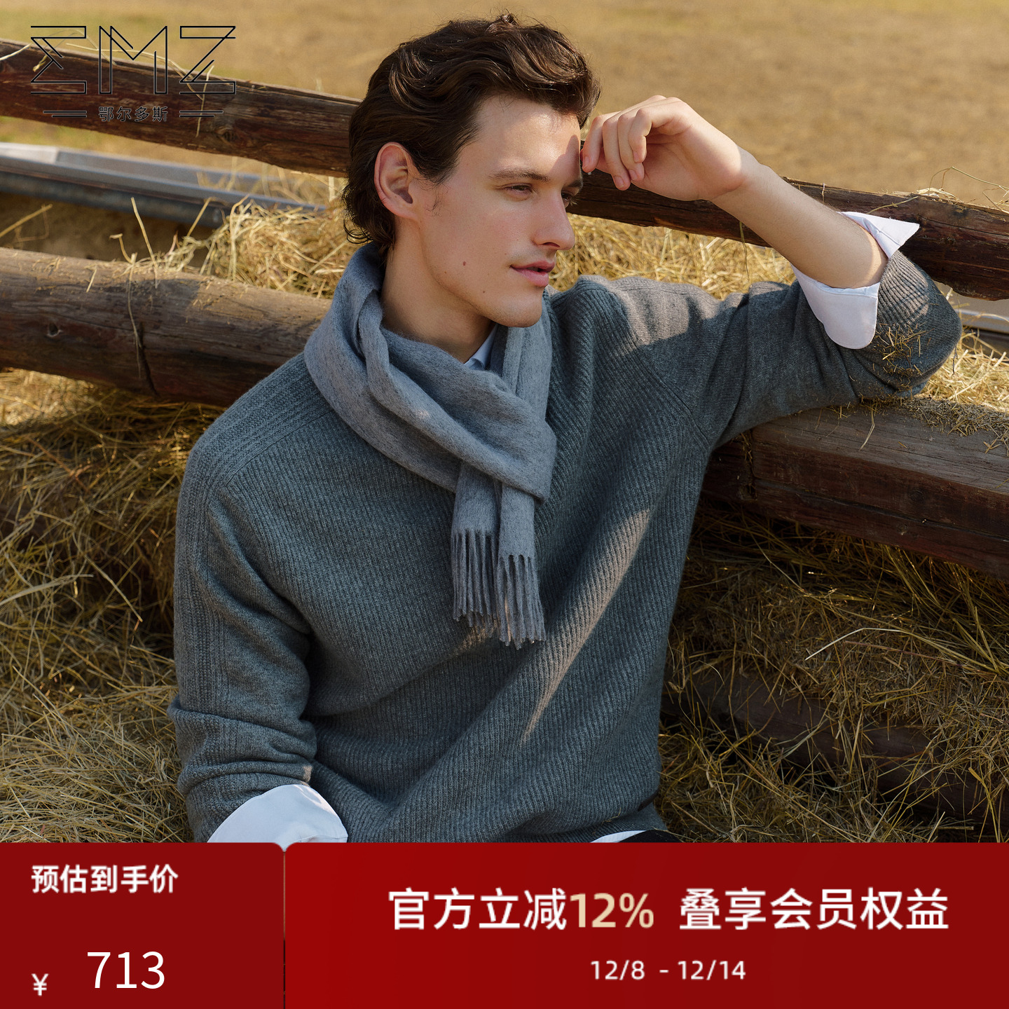 EMZ鄂尔多斯【羊毛羊绒】抑菌抗静电老钱风圆领加厚针织衫毛衣男