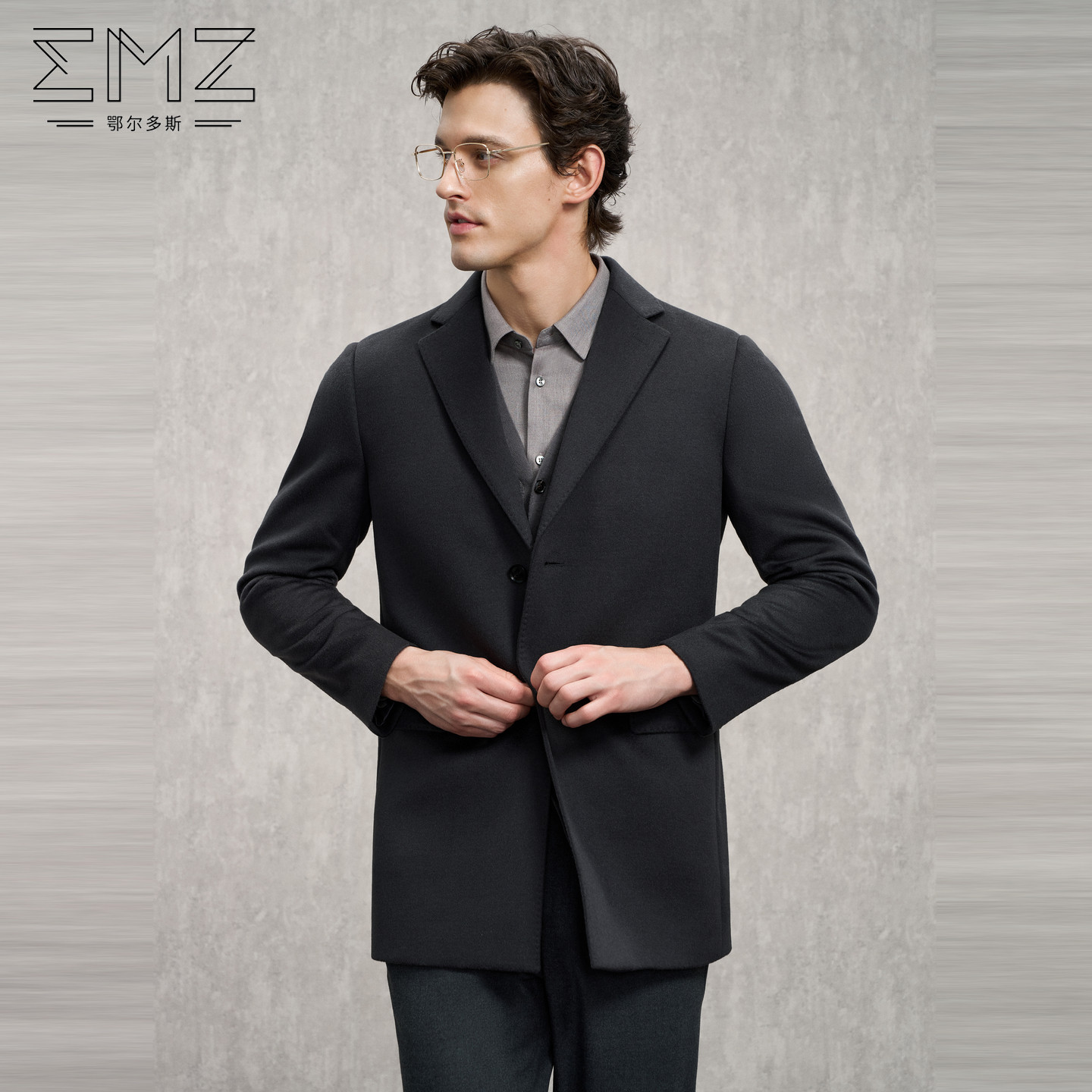 EMZ鄂尔多斯【纯羊毛】冬季新款男士西服款商务静奢毛呢大衣外套