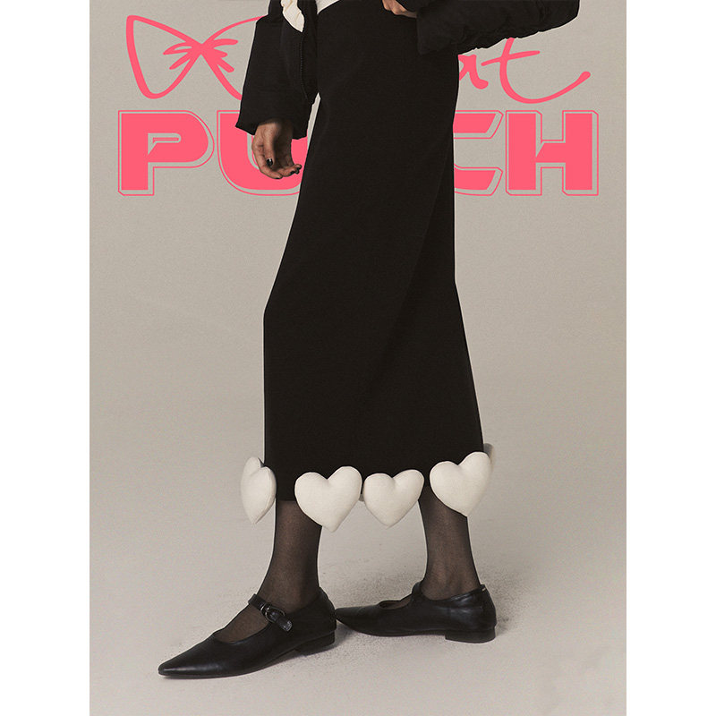 catpunch甜喵预警  下摆爱心充棉直筒半裙 优雅可爱毛呢鱼尾长裙