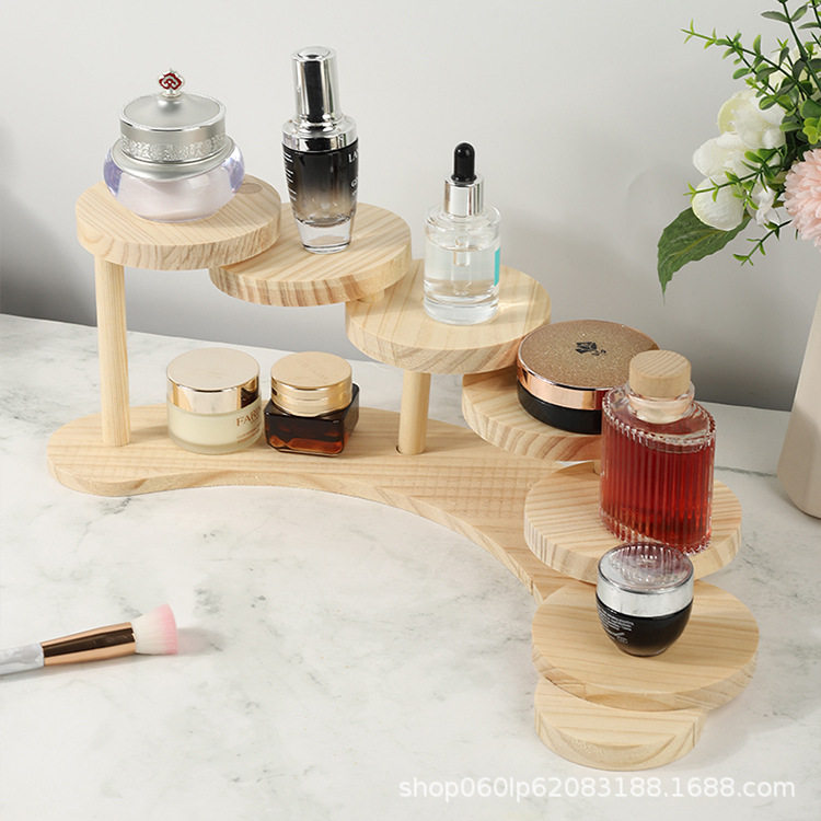 实木桌面置物架多肉手办化妆品多层圆形展示架香水护肤品陈列架子
