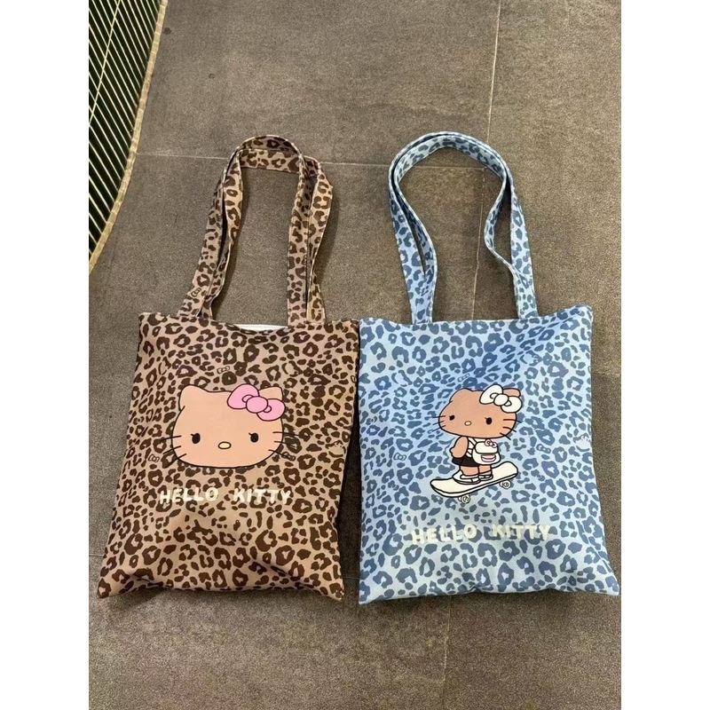新款黑皮Kitty豹纹托特单肩帆布包可爱辣妹大容量外出旅游购物袋