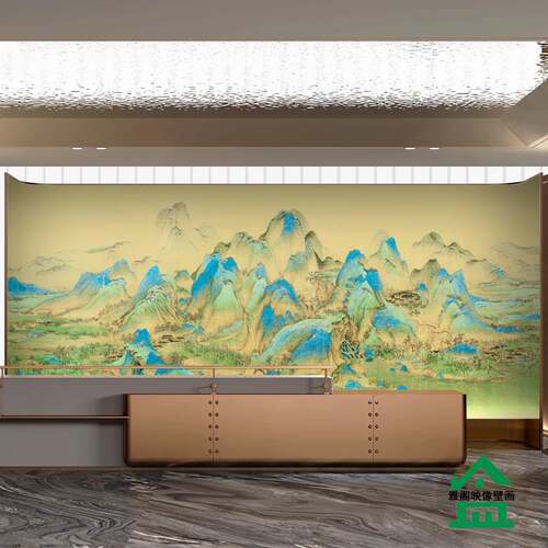 2025新款千里江山图壁布8d新中式水墨山水墙布饭店茶室背景墙壁纸