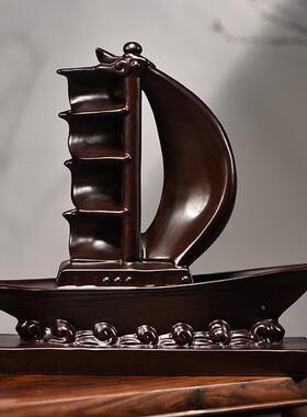 黑檀实木质帆风顺雕帆-770船木头船摆刻件木质船客厅办公装饰