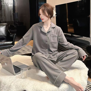 秋冬季 德绒睡衣女款 灰色圆点加厚加绒保暖家居服加大码 套装
